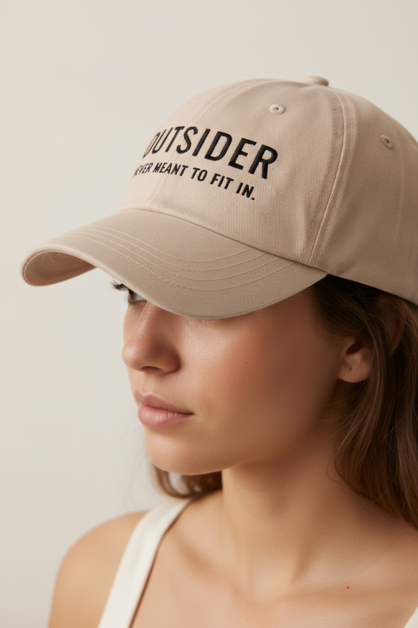 Clean front view of the OUTSIDER. cap with minimal embroidery and neutral premium aesthetic.