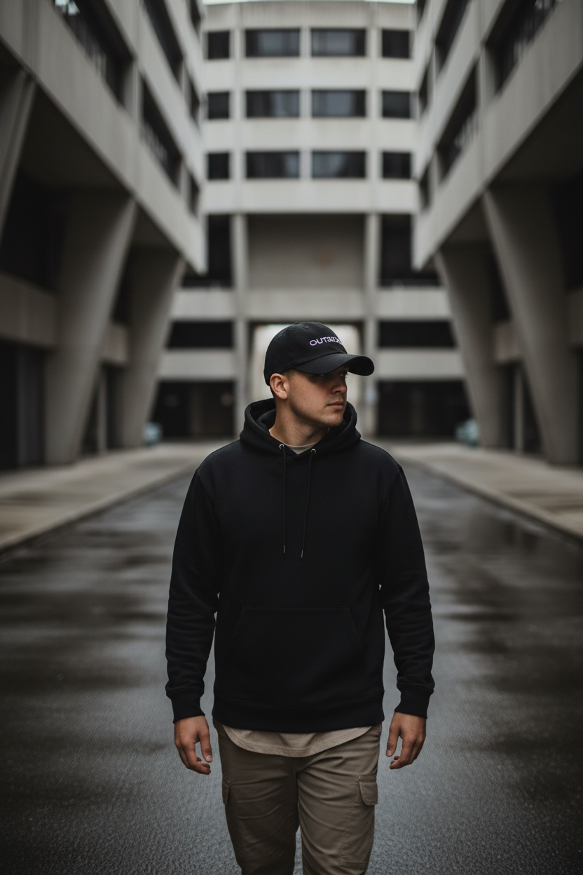 Black OUTSIDER cap worn in urban setting minimal streetwear style