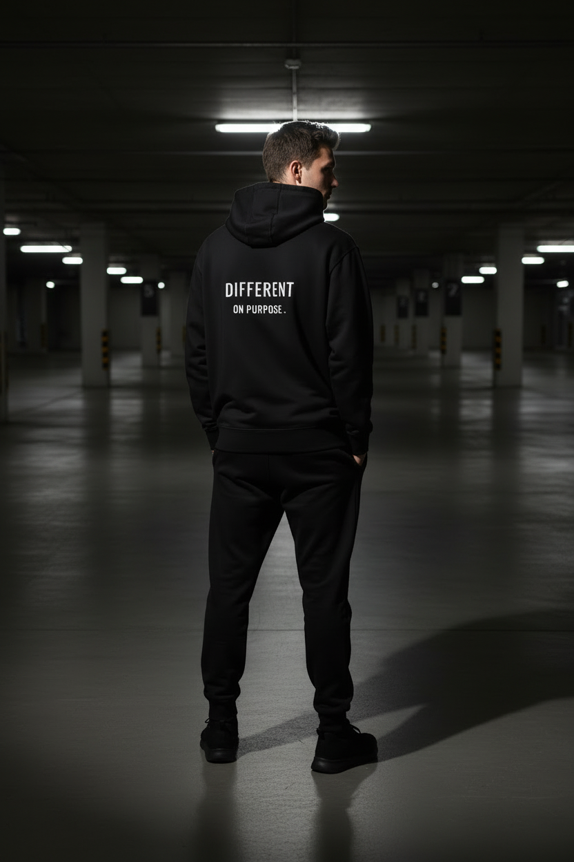 Black hoodie with "Different on Purpose" text, minimalist streetwear design, Mental State brand