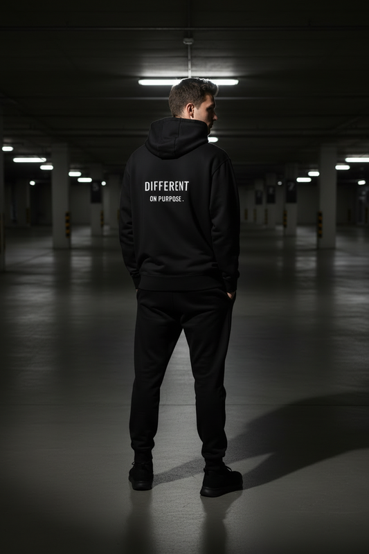 Black hoodie with "Different on Purpose" text, minimalist streetwear design, Mental State brand