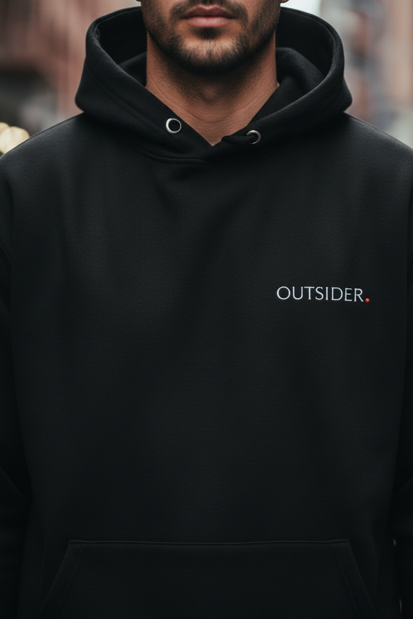 Person wearing black hoodie in urban environment, minimalist streetwear lifestyle aesthetic