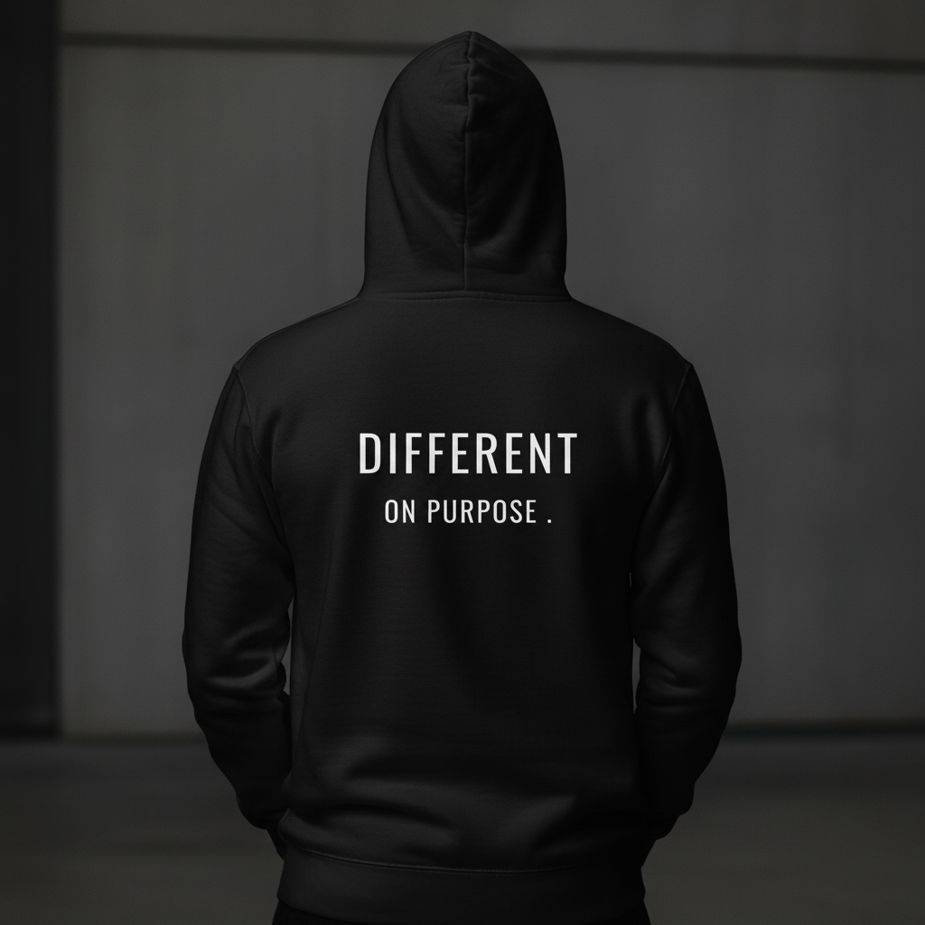 Person wearing black hoodie in urban environment, minimalist streetwear lifestyle 