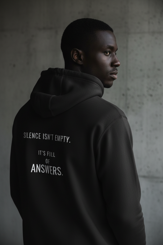 black minimalist hoodie with small chest text silence streetwear mental state clothing