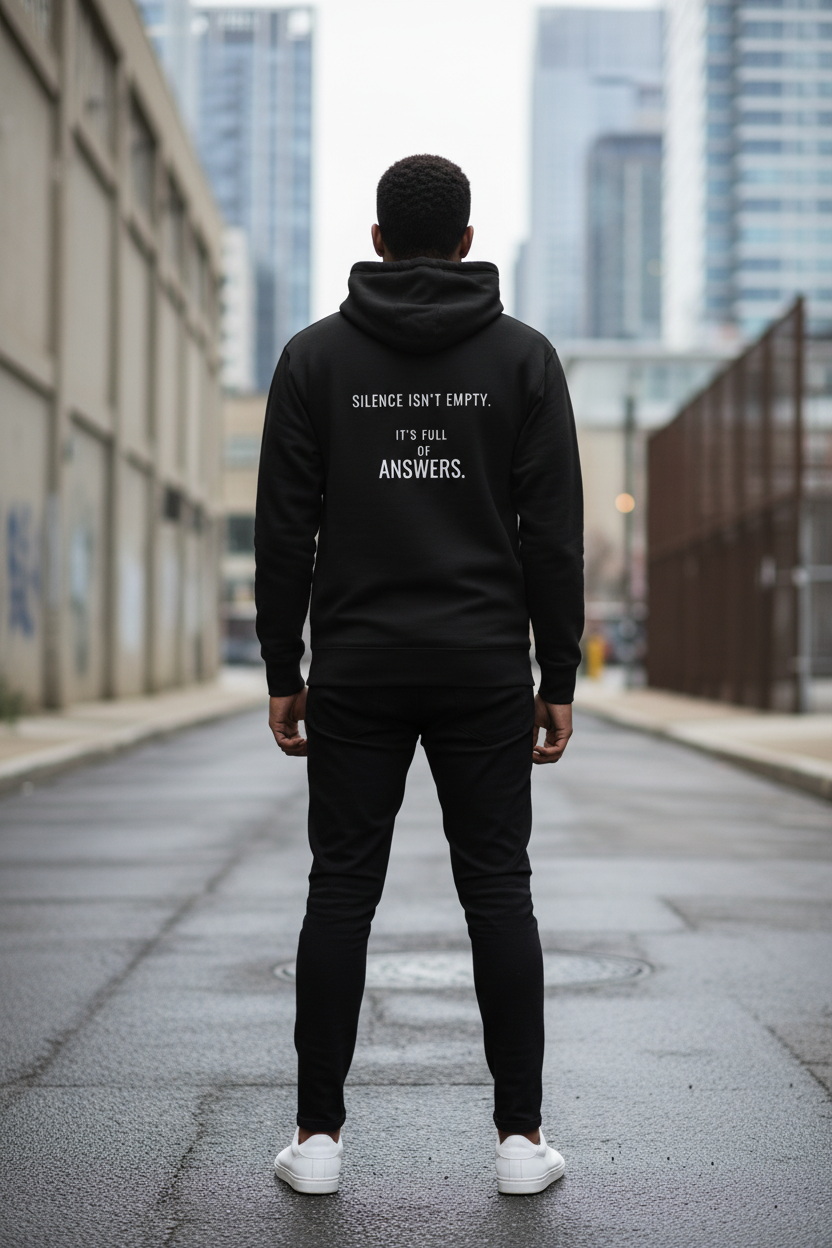 Product mockupmodel wearing black silence hoodie minimalist streetwear outfit mental state brand