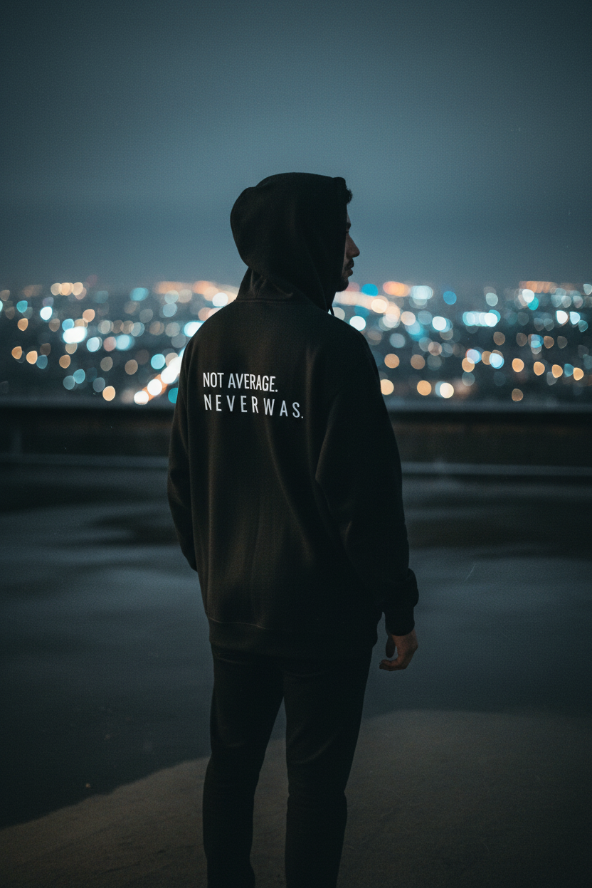 NEVER AVERAGE – Hoodie Minimalist Streetwear for Outsiders & Deep Thinkers